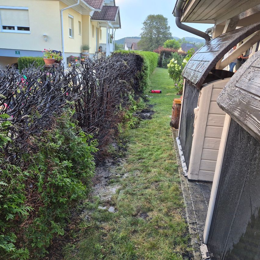 Rückansicht eines Gartens mit einem Haus im Hintergrund, einem Hecken, einem Schuppen und einem Rasen. Ein rotes Objekt liegt auf dem Rasen.
