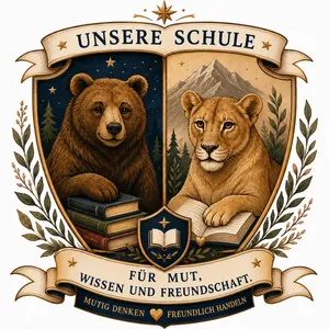 Ein Wappen mit einem Braunbären und einem Löwen, beide halten Bücher. Der Bär ist auf der linken Seite und der Löwe auf der rechten Seite. Das Wappen ist von Sternen und Blättern umgeben.