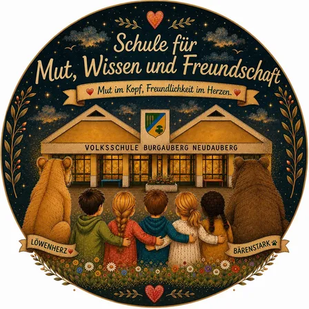 Eine Illustration von Kindern, die vor einem Schulgebäude stehen, mit einem Herz und Sternen im Hintergrund. Die Kinder halten Händchen und lächeln.