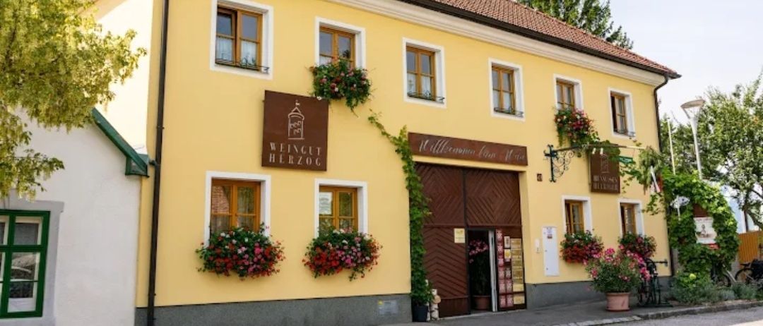 Ein gelbes Gebäude mit braunen Akzenten und mehreren Fenstern. Es hat eine braune Tür mit einem Schild, das Weingut Herzog besagt. Vor den Fenstern befinden sich Blumenarrangements und ein Topfpflanzen neben dem Eingang.