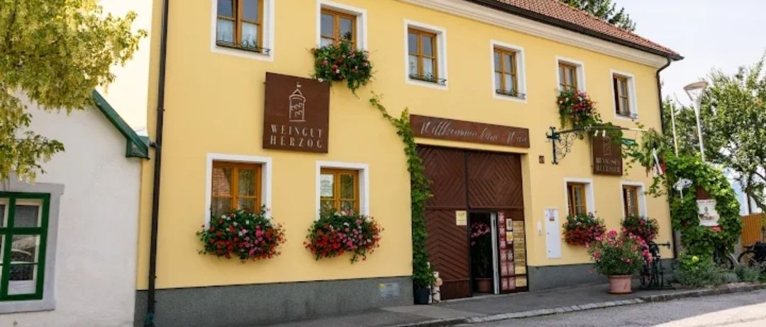 Ein gelbes Gebäude mit einem braunen Dach hat Fenster, die mit Blumenkästen geschmückt sind und ein Schild mit der Aufschrift Weingut Herzog. Der Eingang ist eine braune Tür mit einem großen Fenster.