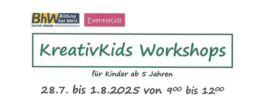 Workshops für Kinder ab 5 Jahren. Vom 28.7. bis 1.8.2025 von 9:00 bis 12:00. Aktivitäten umfassen Bienen beobachten, Wildtiere pflegen, Baumgesichter & Waldgeister, Moorschlitten, und Rettung hautnah erleben.