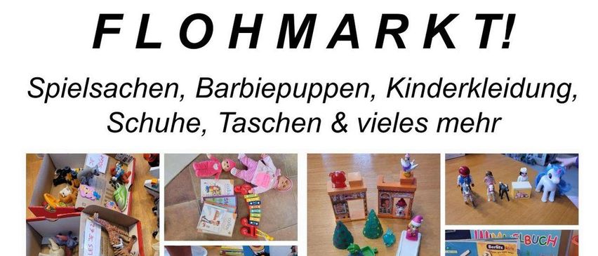 Werbeanzeige für einen Markt mit verschiedenen Spielzeugen und Artikeln. Es ist am Samstag, 28. Juni 2025, in der Johannesgasse 2, von 9 bis 13 Uhr. Das Thema sind Schuhe, Taschen und vieles mehr.