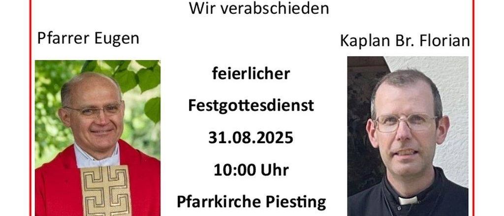 Das Bild zeigt eine religiöse Veranstaltungsankündigung mit den Fotos zweier Priester. Der feierliche Gottesdienst für Pfarrer Eugen ist am 31. August 2025 um 10:00 Uhr. Die feierliche Installation von Pfarrer Branko ist am 7. September 2025 um 10:00 Uhr.