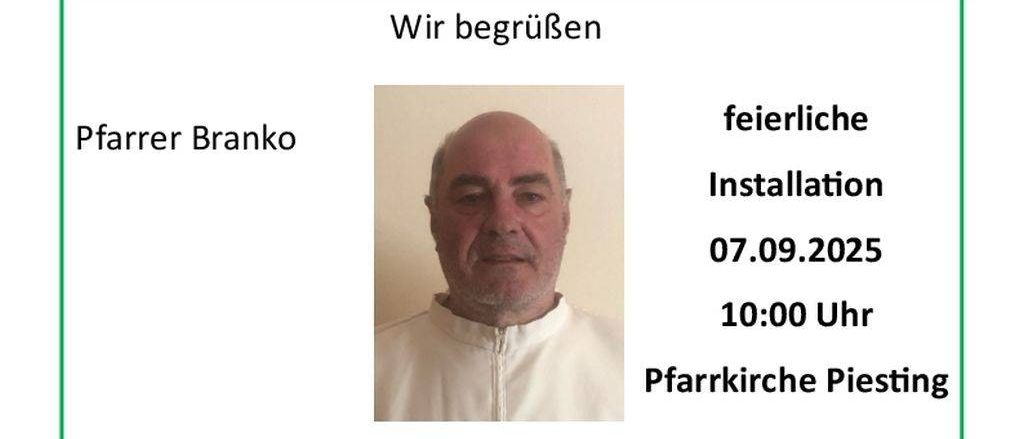 Ein Plakat für eine Pfarrerwechsel-Veranstaltung. Abschied für Pfarrer Eugen und Begrüßung für Pfarrer Branko. Daten und Uhrzeiten sind angegeben. Fotos der Priester sind enthalten.