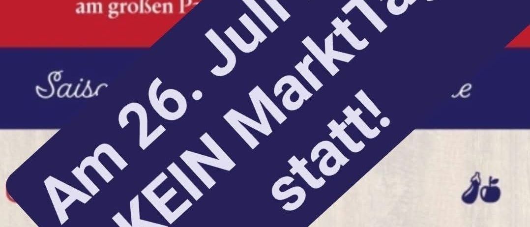 Ein Poster mit einem blauen Schild, das den 26. Juli ankündigt und keinen Markt anzeigt. Es gibt auch ein Bild eines Korbes mit Eiern und einer Henne.