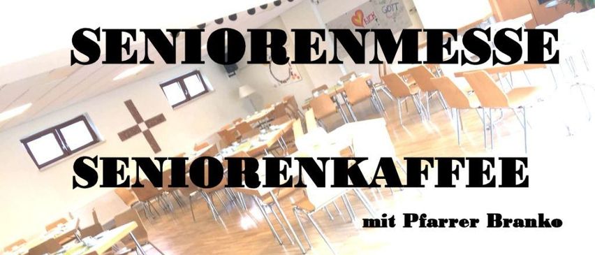 Plakat für Seniorentreffen am 9. September. Es zeigt einen Saal mit Tischen und Stühlen, ein Kreuz an der Wand und eine Nachricht auf Deutsch. Das Ereignis ist für 14:30 Uhr im Pfarrhof Piesting geplant.