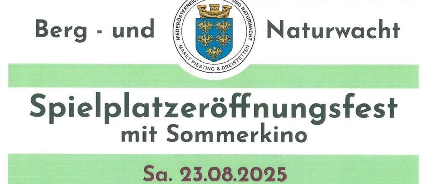 Plakat für ein Spielplatz-Eröffnungsfest mit einem Sommerfilm am 23.08.2025. Beginn um 16:00 mit kostenlosen Spielen und Kinderaktivitäten, gefolgt von einer Eröffnungsrede um 20:00. Um 21:30 wird ein Film über einen Panda gezeigt. Snacks und Getränke sind vorhanden.
