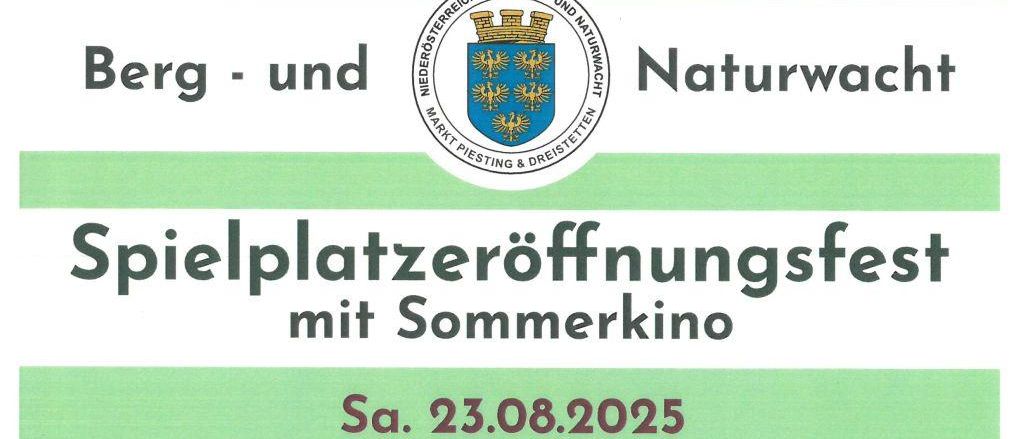 Plakat für ein Spielplatz-Eröffnungsfest mit einem Sommerfilm am 23.08.2025. Beginn um 16:00 mit kostenlosen Spielen und Kinderaktivitäten, gefolgt von einer Eröffnungsrede um 20:00. Um 21:30 wird ein Film über einen Panda gezeigt. Snacks und Getränke sind vorhanden.