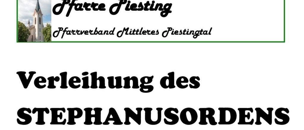 Plakat für die Verleihung des Stephanus-Ordens durch den Apostolischen Administrator, Bischofsvikar Josef Grünwidl. Bei diesem Anlass erhalten Bürgerinnen und Bürger diese Auszeichnung. Sonntag, 21.09.2025 um 10:00 Uhr in der Pfarrkirche Pseukirchen.