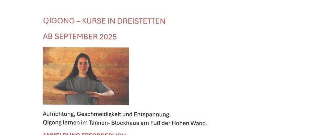 Ein Flyer für Qigong-Kurse für Anfänger und Fortgeschrittene. Datum: September 2025. Es enthält Kontaktdaten, Kurszeiten und einen Link zur Buchung.