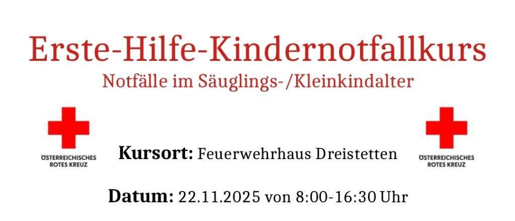 Das Plakat bewirbt einen Erste-Hilfe-Kurs für Säuglinge und Kleinkinder, der am 22. November 2025 von 8:00 bis 16:30 Uhr in der Feuerwehr Dreistetten stattfindet. Die Kosten betragen 70 Euro und können je nach Teilnehmerzahl variieren. Die Anmeldung erfolgt telefonisch oder per WhatsApp bis zum 31. Oktober 2025.