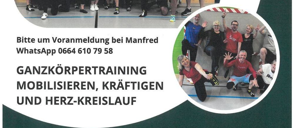 Ein Flyer für ein Ganzkörpertrainingsprogramm an der Volksschule Waldegg, beginnend am 16.09.2025. Es enthält Gruppenfotos von Teilnehmern in einer Turnhalle. Der Text bewirbt Ganzkörpertraining zur Verbesserung von Mobilität, Kraft und Herzkreislauf.
