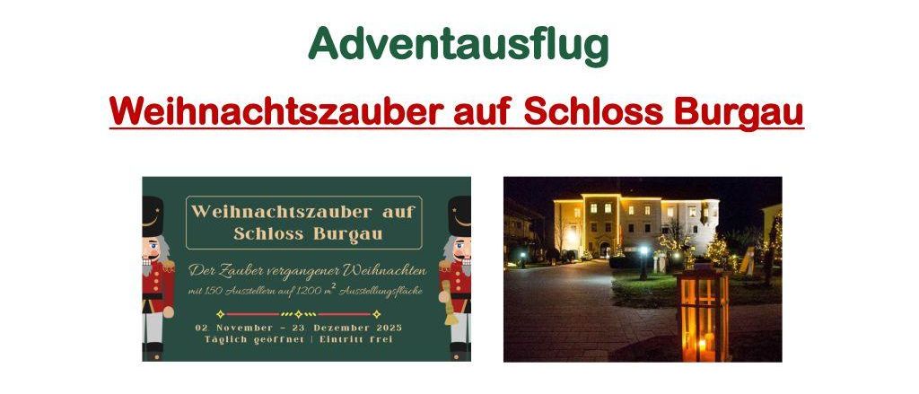 Ein Plakat für Weihnachtszauber auf Schloss Burgau. Es enthält einen Zeitplan, Ticketpreise und eine Einladung zur Teilnahme. Das Event findet am 23. November 2025 statt.