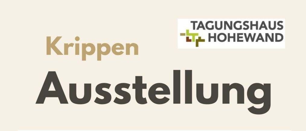 Werbeposter für die Krippen Ausstellung. Zeigt eine Krippe mit Engel, Maria, Josef und Baby Jesus. Termine: 28.-30. November, 10:00-18:00. Spezielle Veranstaltung am Sonntag, 30. November, ab 15 Uhr für alle Altersgruppen zum gemeinsamen Adventsingen.