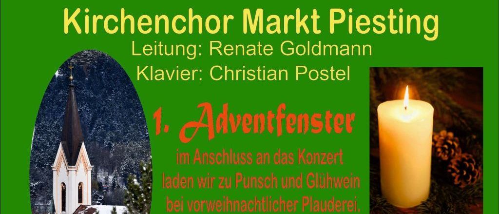 Plakat für einen Kirchenchor-Konzert in Markt Piesting am 30. November 2025 um 17:00 Uhr. Die Veranstaltung beinhaltet ein Kerzenanzünden und ein Treffen mit Punsch und Glühwein.