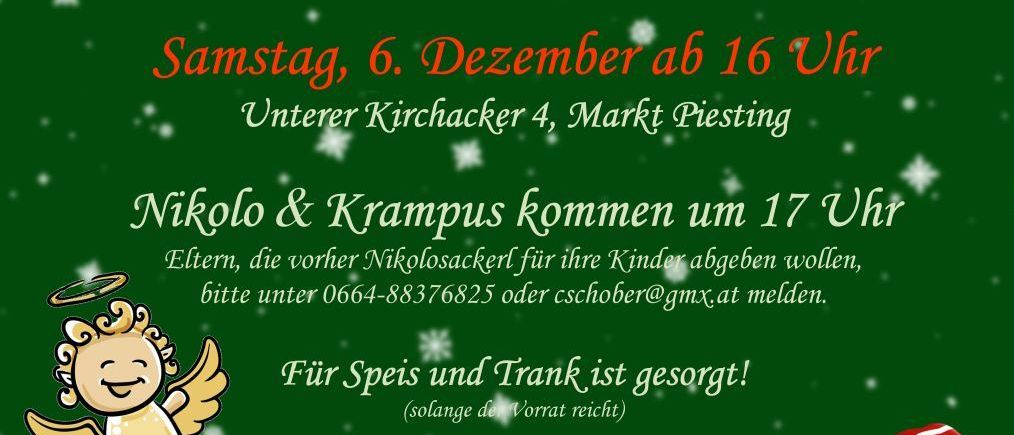 Plakat für eine Adventfenster-Veranstaltung von der Familie Schober-Lackners. Es zeigt Santa Claus und Krampus. Die Veranstaltung ist am Samstag, 6. Dezember, ab 16 Uhr. Ort: Unterer Kirchacker 4, Markt Pisting.