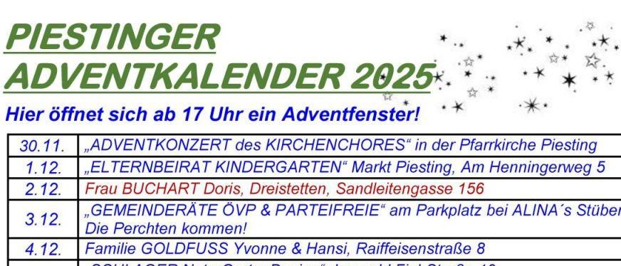 Ein Dokument listet verschiedene für Dezember geplante Veranstaltungen und Zusammenkünfte in den Städten Piesting und Dreistetten auf, darunter weihnachtliche Aktivitäten für Kinder und Familien. Die Veranstaltungen reichen von einem Weihnachtsmarkt bis hin zu Familientreffen und einem Kinderprogramm in der örtlichen Kirche.