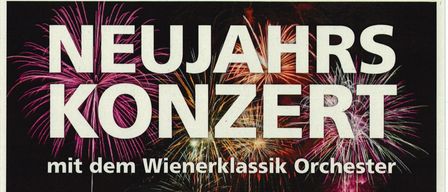 Plakat für ein klassisches Musikkonzert mit dem Wiener Klassik Orchester am 2. Jänner 2026. Die Veranstaltung präsentiert Mag. Bernhard Pfaffelmaier, Sänger Petra Halper-König und Stefan Reichmann sowie Moderator Karl Schönthaler. Tickets kosten 25€.