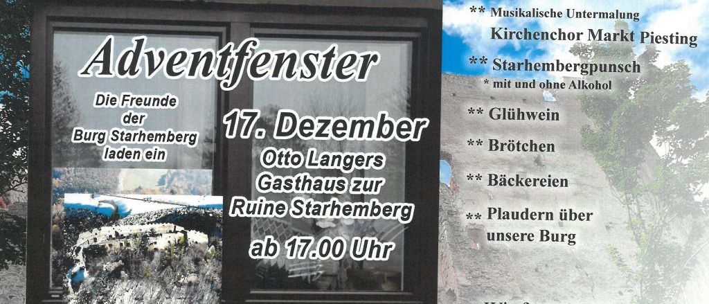 Ein Einladungsposter für eine Veranstaltung am 17. Dezember an den Starhemberg-Ruinen. Es zeigt ein Fenster mit der Aufschrift 'Adventsfenster'. Aktivitäten umfassen musikalische Unterhaltung, Starhemberg-Punsch, Glühwein und einen Besuch der Burg. QR-Code für weitere Informationen.