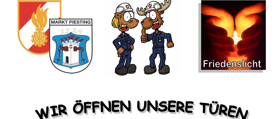 Plakat für eine Jugendgruppenveranstaltung der Feuerwehr von Markt Piesting. Am 24. Dezember kann ab 08:00 Uhr die Friedensfeier am Feuerwehrhaus, Bocksbachgasse 122, besucht werden. Die Veranstaltung läuft von 08:00 Uhr bis 13:00 Uhr.