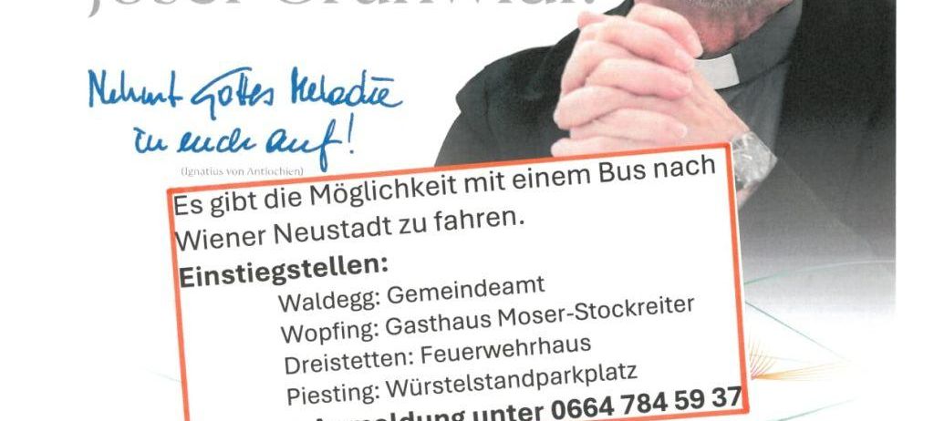 Ein Ankündigungsposter für die Einführung des neuen Erzbischofs Josef Grünwald. Details der Veranstaltung umfassen Datum, Orte und Kontaktinformationen. Das Poster enthält auch eine Karte mit Busrouten zum Veranstaltungsort.
