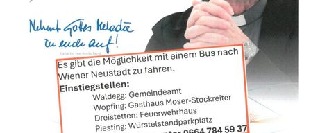 Ein Ankündigungsposter für die Einführung des neuen Erzbischofs Josef Grünwald. Details der Veranstaltung umfassen Datum, Orte und Kontaktinformationen. Das Poster enthält auch eine Karte mit Busrouten zum Veranstaltungsort.