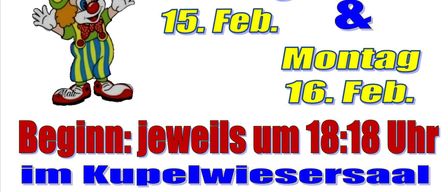 Ein Veranstaltungsposter für Pie Pie 2026, das am Sonntag, den 15. Februar, und Montag, den 16. Februar stattfindet. Die Veranstaltung beginnt um 18:18 Uhr im Kupelwiesersaal KU:Z in der Mittelschule. Kartenverkauf bzw. Platzreservierung ab sofort im Rathaus.
