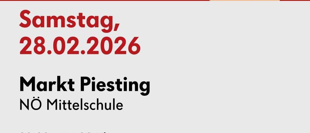 Eine Werbung für eine Blutspendeveranstaltung am 28.02.2026 in Markt Piesting NO Mittelschule, mit Zeiten von 09:00 bis 11:30 und 12:30 bis 14:30. Ein QR-Code ist für die Terminbuchung verfügbar. Kontaktinformationen für blood.at sind enthalten.