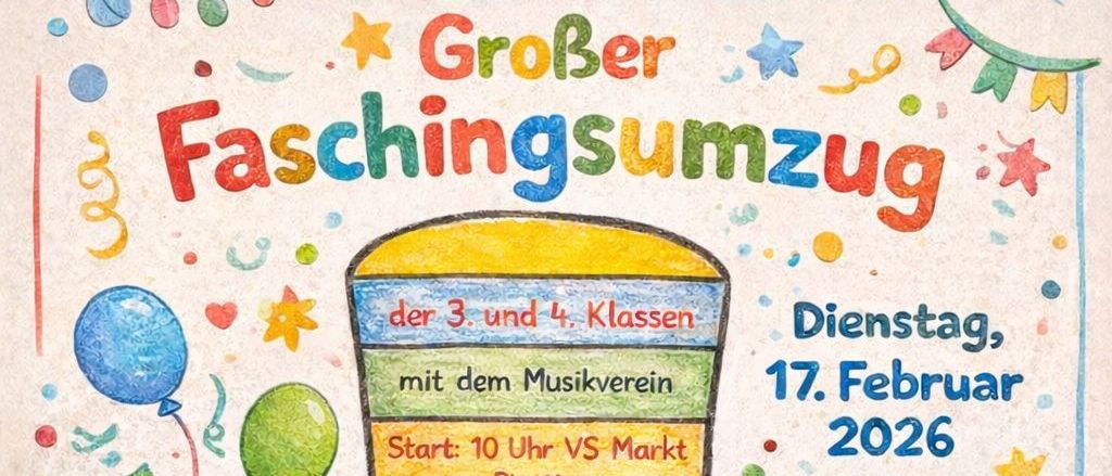 Ein farbenfrohes Poster mit einer Zeichnung eines Clowns in einem Hut, der ein Banner hält. Der Plakattext lautet 'Musikverein geht zur Schule!' und beinhaltet einen Zeitplan für eine Karnevalsveranstaltung. Es ist auf Dienstag, den 17. Februar 2026 datiert.
