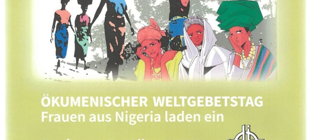 Plakat für den ökumenischen Weltgebetstag mit Frauen aus Nigeria, die Wasser tragen. Datum: Freitag, 6. März 2026. Zeit: 18:30. Ort: Pfarrkirche Piesting. Website: www.weltgebetstag.at.