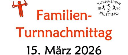 An announcement for a gymnastics event on March 15, 2026, from 2:30 to 5:00 PM at NMS Piesting. Participation is open to children and adults. Hall shoes and sports attire are required.