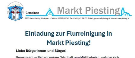 Einladung zur Müllsammelaktion in Markt Piesting. Wir befreien gemeinsam unsere Umgebung von Müll. Datum: 21.03.2026, 09:00 Uhr. Ort: Großer Parkplatz bei Alina's Stüberl. Müllsäcke und Werkzeuge werden gestellt. Gruppenfoto geplant.