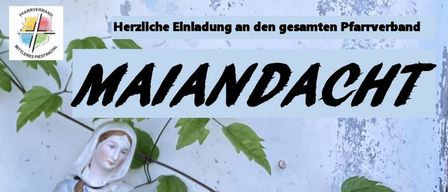 Ein Plakat mit einer Statue der Jungfrau Maria. Es enthält Informationen über die Marienprozessionen. Es gibt vier Termine mit Uhrzeiten und Orten.