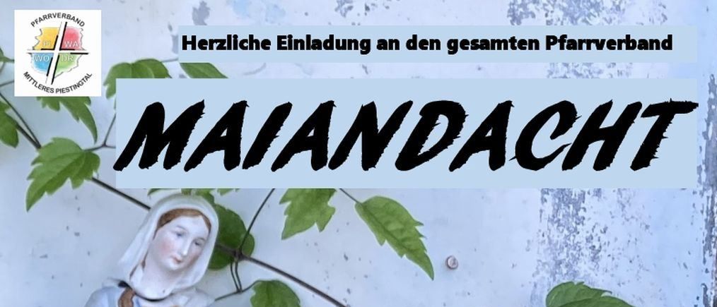 Ein Plakat mit einer Statue der Jungfrau Maria. Es enthält Informationen über die Marienprozessionen. Es gibt vier Termine mit Uhrzeiten und Orten.