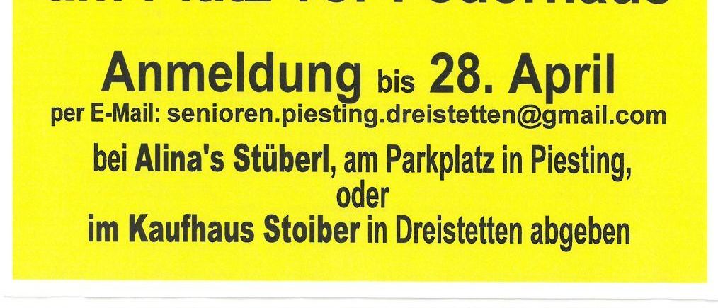 Gelbes Plakat für einen kostenlosen E-Bike-Kurs am 13. Mai in Markt Piesting, vor dem Feuerwehrhaus. Anmeldung per E-Mail erforderlich.