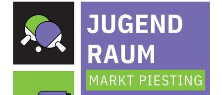 Plakat für Raum Markt Piesting. Tischtennis, Couch, Lautsprecher und Game-Controller-Symbole. QR-Code für weitere Informationen. Jeden 2. Mittwoch 16:00-18:00 Uhr.
