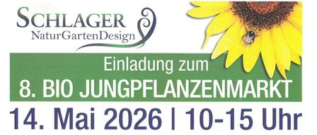 Einladung zum 8. BIO JUNGPLANZENMARKT am 14. Mai 2026 von 10-15 Uhr. Leopold-Figl-Straße 10, 2753 Mark Piesting. Alle Kinder erhalten ein Buch mit Sternchen, Samu, Luis & Lior. Partnerbetriebe wie Biohof Wolf, Flechtenwerkstatt, Imkerei Zwinz und mehr.