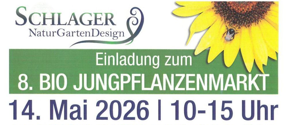 Einladung zum 8. BIO JUNGPLANZENMARKT am 14. Mai 2026 von 10-15 Uhr. Leopold-Figl-Straße 10, 2753 Mark Piesting. Alle Kinder erhalten ein Buch mit Sternchen, Samu, Luis & Lior. Partnerbetriebe wie Biohof Wolf, Flechtenwerkstatt, Imkerei Zwinz und mehr.