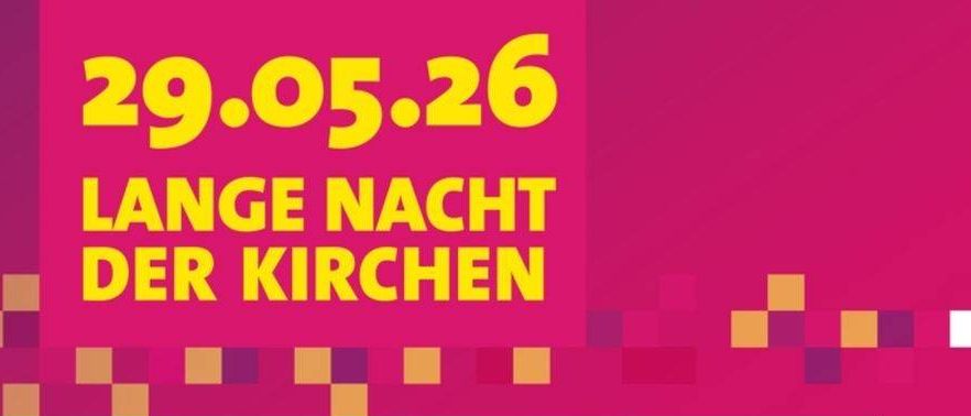 Ein Poster mit rosa und lila Farben enthält Text über Veranstaltungen in der Pfarrkirche Piesting. Veranstaltungen beinhalten Wein und Fingerfood, Rosenkranzknoten mit Karin Mössner und ein Konzert des Kirchenchors Piesting.