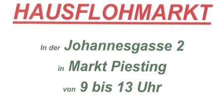 Markt in der Johannesgasse 2, Markt Piesting, von 9 bis 13 Uhr am Samstag, 20. Juni 2026. Damenbekleidung von Größe 40 bis 46. Beinhaltet Blusen, Hosen, Mäntel, Jacken, Schuhe etc.