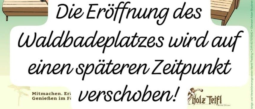 Einladung zur Eröffnung des Waldbadens in Markt Piesting am Samstag, 20. Juni 2026 um 17:00 Uhr bei Ecke Waldwirt. Illustration von Kindern auf Liegestühlen.
