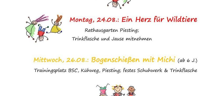 Plakat für Kinderaktivitäten am 24. und 26. August 2026. Aktivitäten umfassen ein Herz für Wildtiere im Rathausgarten und Bogenschießen mit Michi.