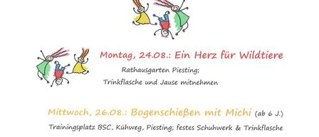 Plakat für Kinder ab 5 Jahren mit zwei Veranstaltungen: 'Ein Herz für Wildtiere' am 24.8.2026 und 'Bogenschießen mit Michi' am 26.8.2026. Beide Veranstaltungen beinhalten Aktivitäten und Verpflegung.