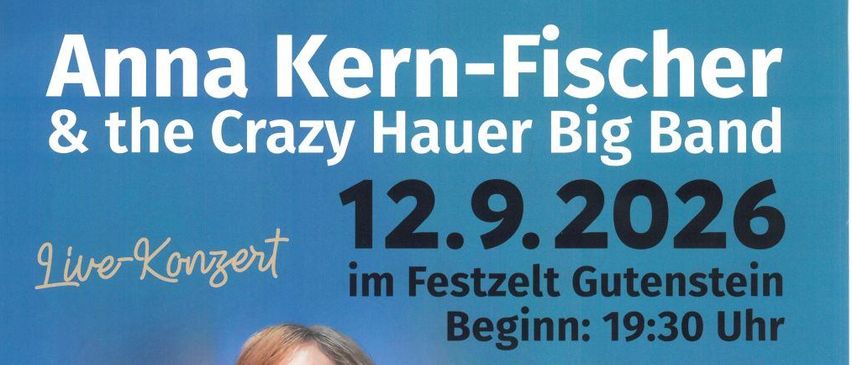 Ein Plakat für ein Live-Konzert einer Sängerin mit einer Big Band am 12. September 2026 um 19:30 Uhr in Gutenstein.