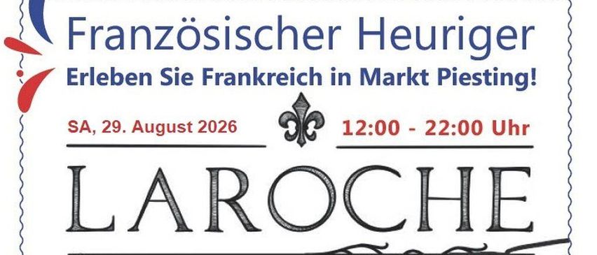 Ein Veranstaltungsposter für La Roche am 29. August 2026, das einen Weinberg, ein Gebäude und ein Weinglas mit Trauben zeigt. Das Poster hebt kulinarische Köstlichkeiten, Weine und andere Erfrischungen hervor.