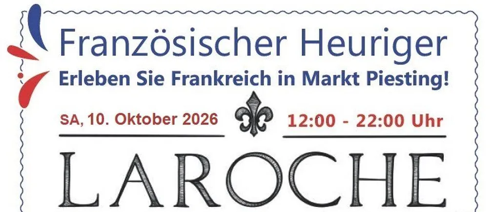 Ein Plakat für die Veranstaltung 'La Roche' am 10. Oktober 2026 mit einer Weinbergszene, einem Haus und einem Weinglas mit Text in Deutsch.