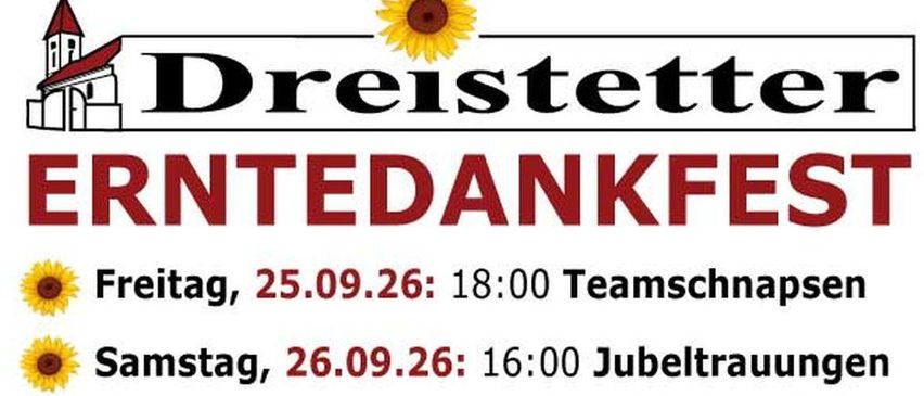 Plakat für Erntedankfest-Veranstaltung. Es enthält Daten und Aktivitäten wie Team Schnapsen, Jubiläumsfeiern und Erntedankgottesdienst. Es zeigt auch Illustrationen eines Sprungburg, Pferdes und Picknicks.