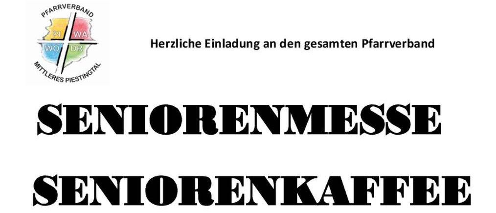 Plakat für Senior Messe und Seniorenkaffee Veranstaltung im Pfarrhof Piesting, mit einem Speisesaal mit Tischen und Stühlen, und Daten für die Veranstaltung.