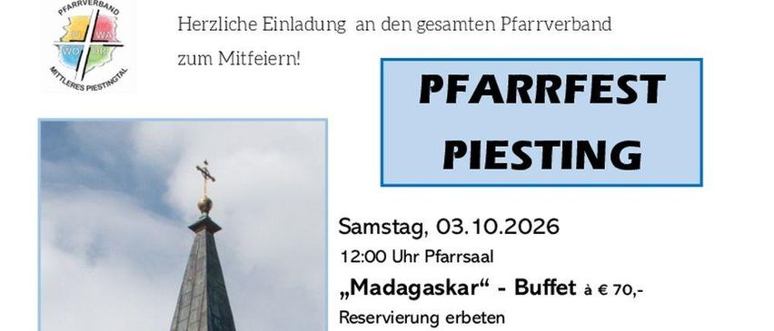 Ein Plakat für eine Veranstaltung in einer Kirche mit einem Turm, das ein Buffet, eine Hochzeitszeremonie und eine Weinprobe mit Vorspeisen am 3. Oktober 2026 ankündigt.